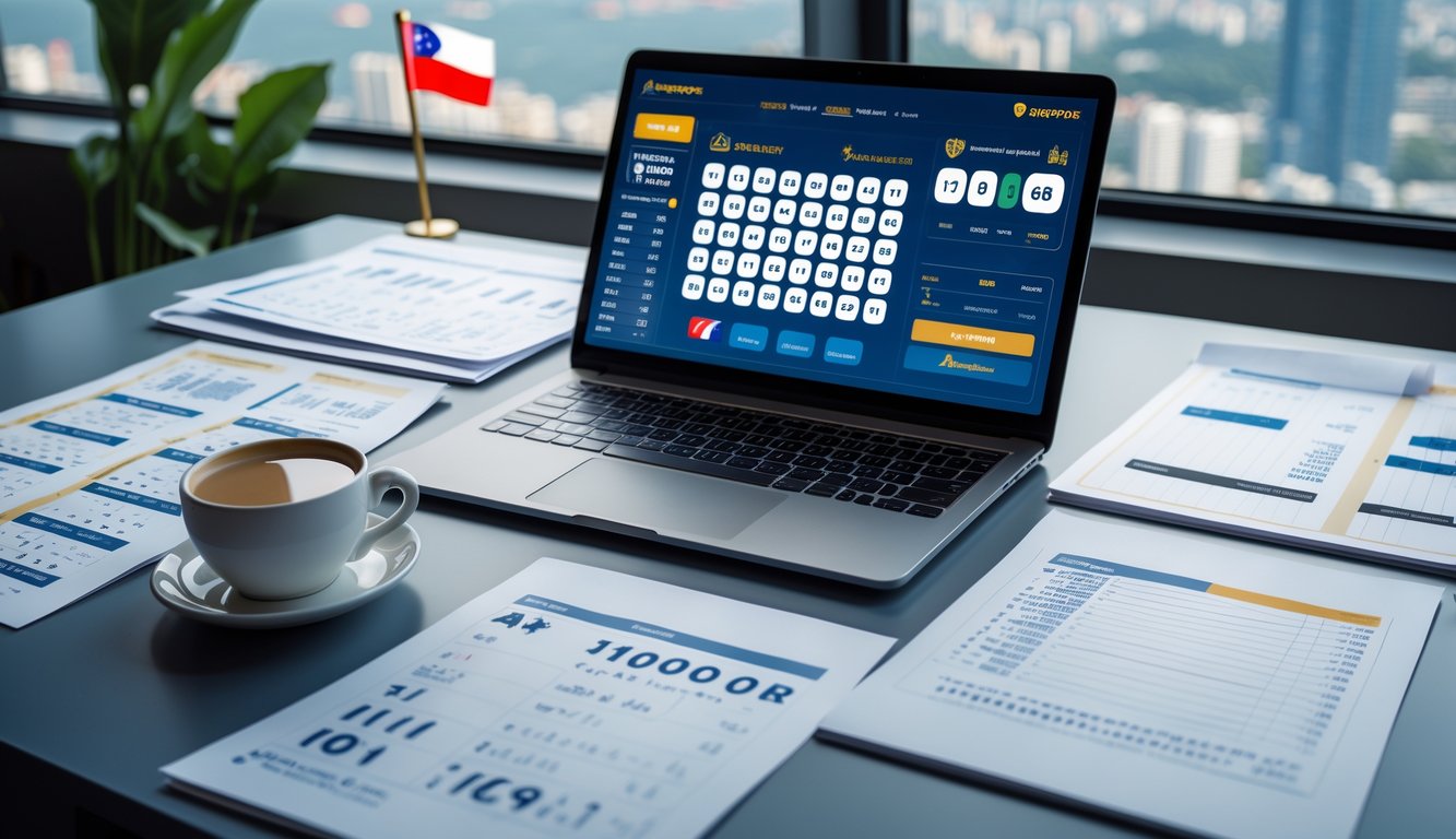 Meja kerja modern dengan laptop menampilkan antarmuka lotere digital, kertas dengan angka dan grafik, serta pemandangan kota Singapura di latar belakang.