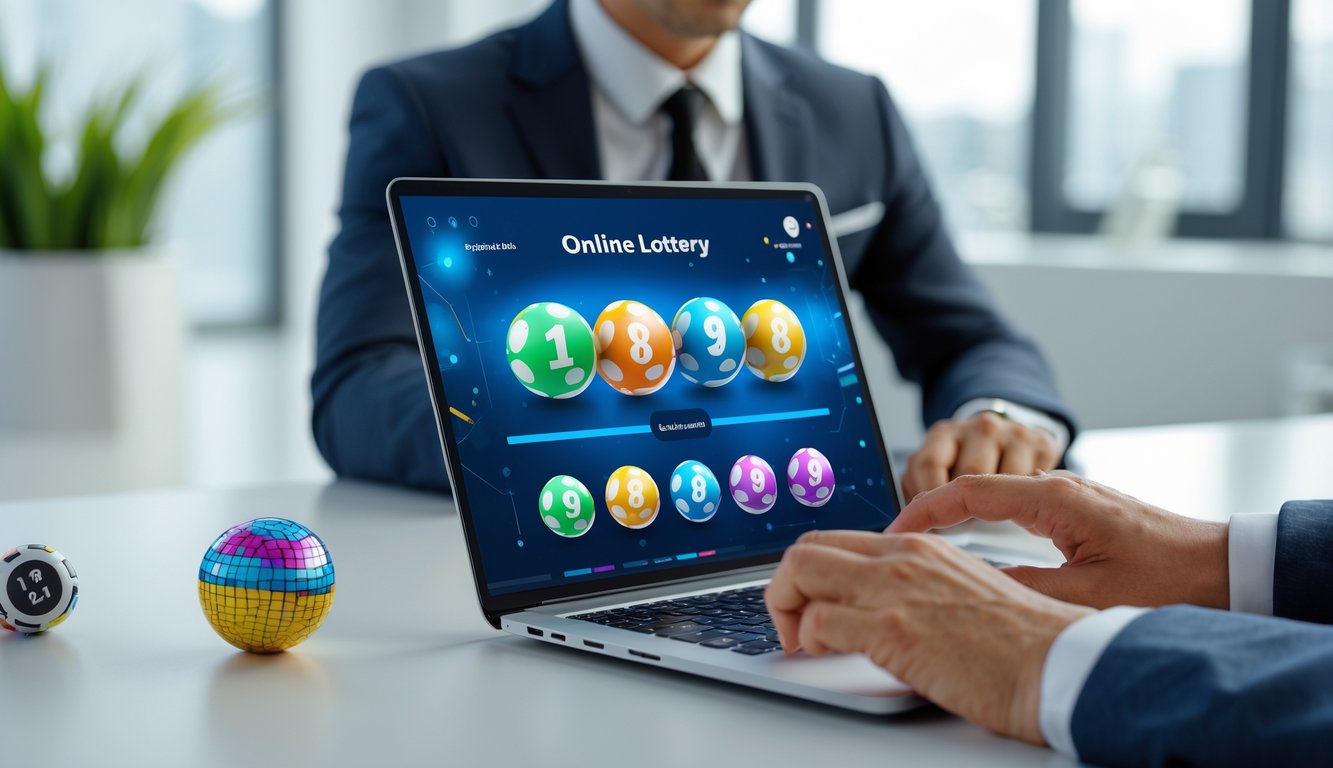 Seseorang yang menggunakan laptop di meja kerja dengan latar belakang kantor yang terang dan elemen-elemen terkait lotere online.