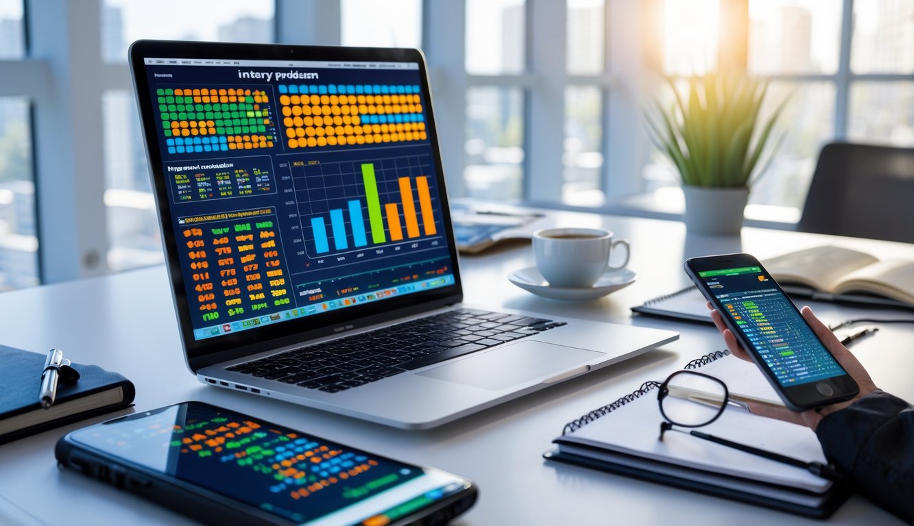 Meja kerja modern dengan laptop yang menampilkan grafik dan data prediksi, dikelilingi oleh buku catatan, ponsel, cangkir kopi, dan kacamata di ruangan kantor terang.