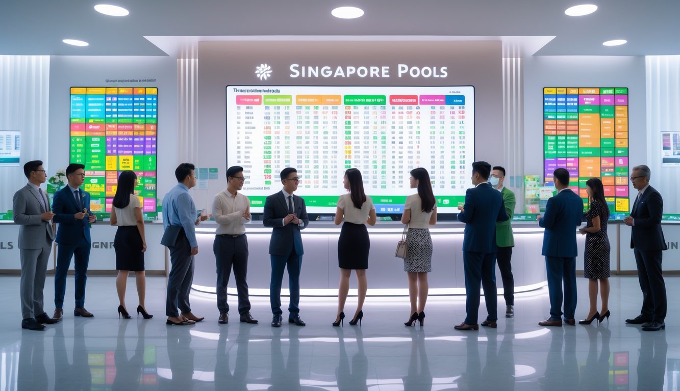 Beberapa orang berkumpul di dalam ruangan modern dengan layar digital yang menampilkan grafik dan angka hasil lotere.