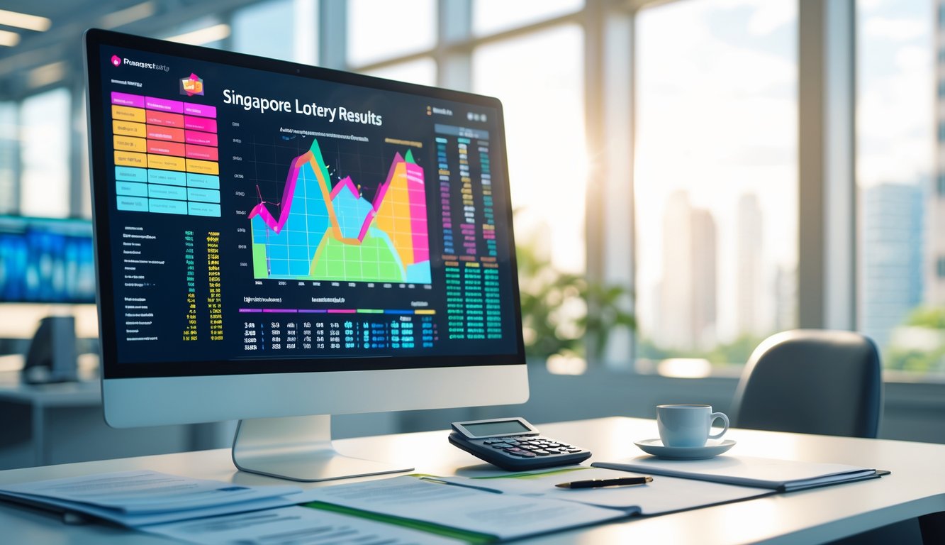 Meja kerja modern dengan layar komputer menampilkan grafik dan data angka, dokumen tertata rapi, dan suasana kantor terang.