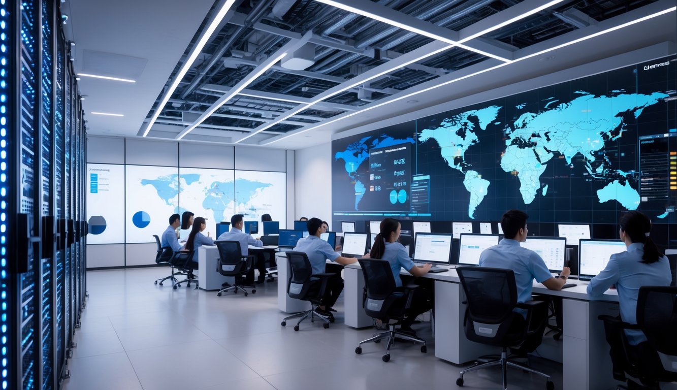 Ruang pusat data modern dengan rak server dan layar digital yang menampilkan visualisasi data dan peta Singapura, bersama beberapa profesional TI yang bekerja.