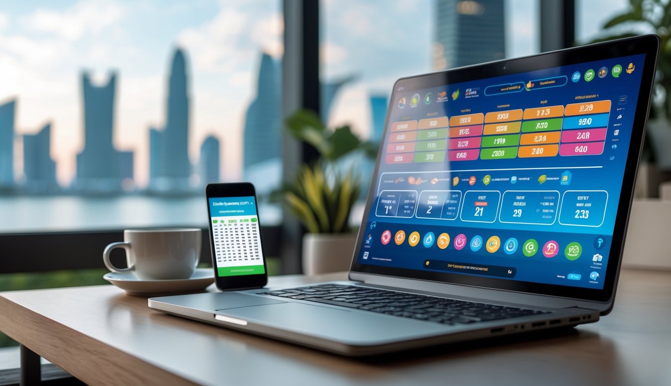 Meja kerja modern dengan laptop dan ponsel yang menampilkan antarmuka lotere digital, dengan latar belakang pemandangan kota Singapura.