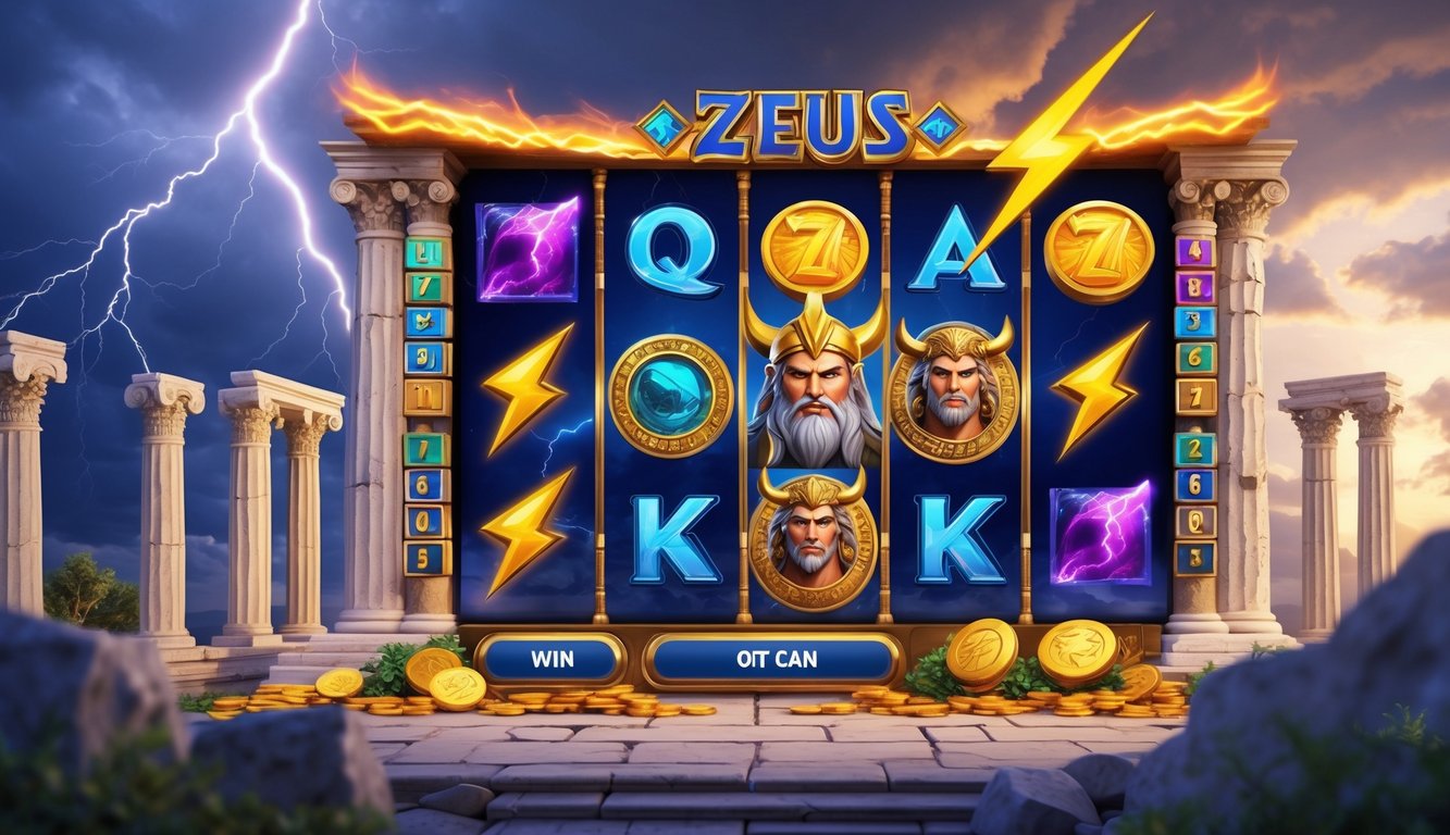 Tampilan mesin slot online dengan tema Dewa Zeus dan petir di latar belakang.