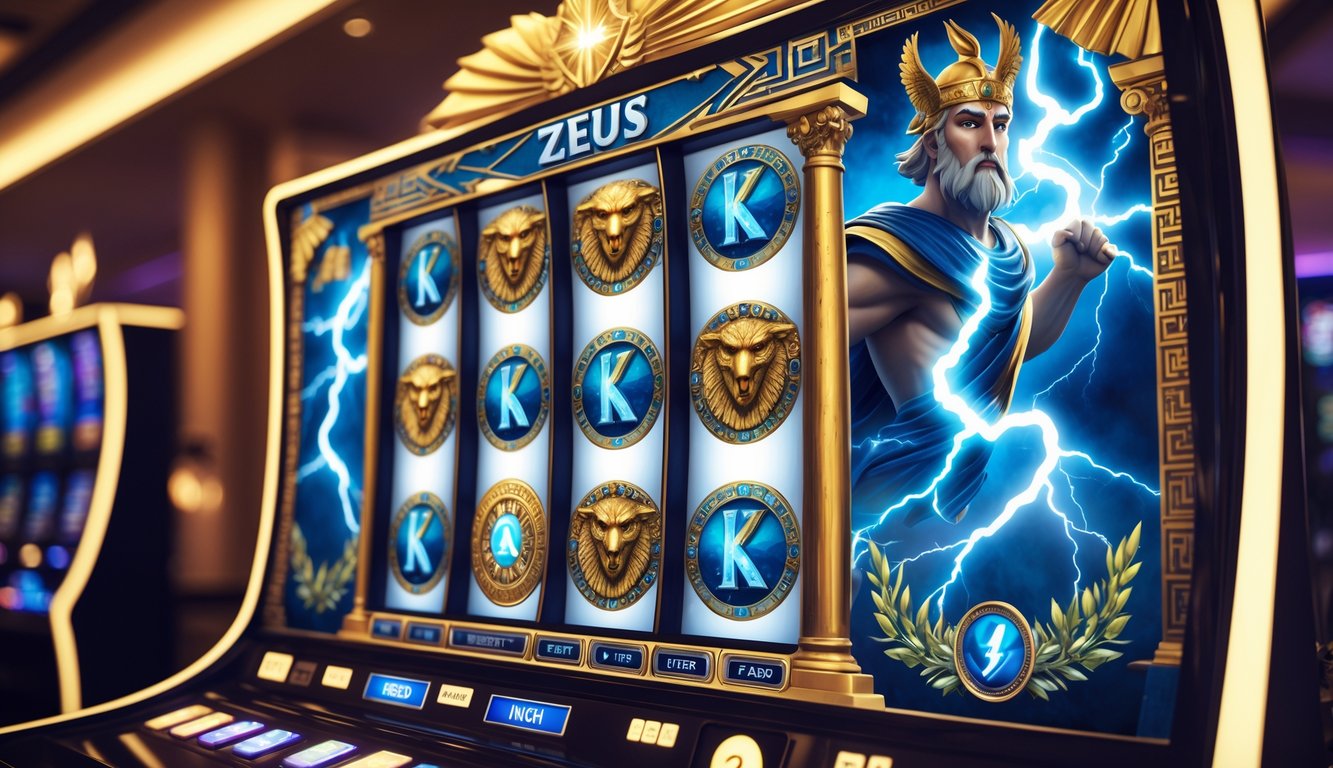 Mesin slot bertema Zeus dengan petir dan simbol Yunani kuno di latar kasino.
