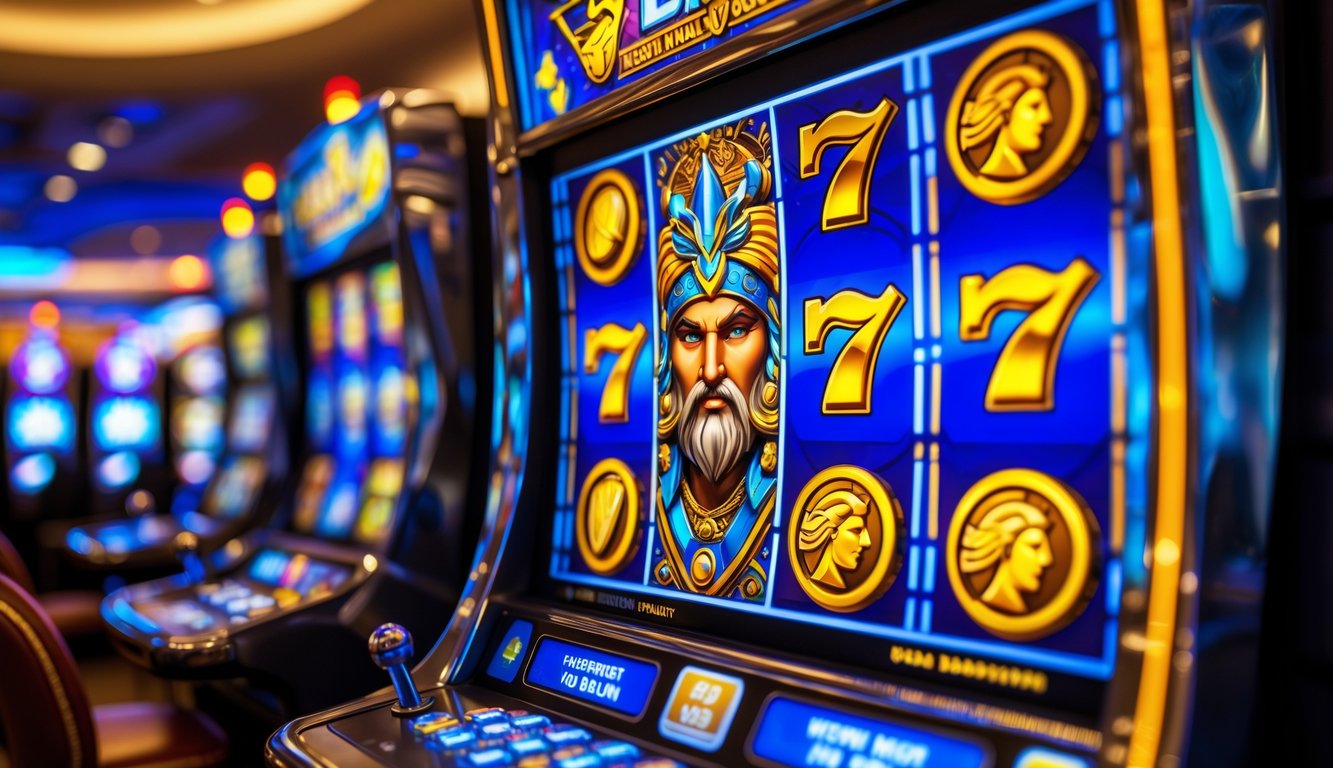 Mesin slot dengan tema dewa Zeus menampilkan simbol petir dan koin emas di dalam kasino.