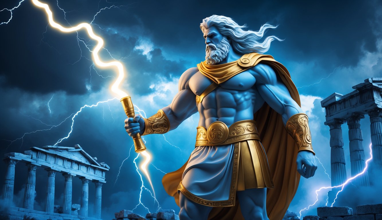 Patung Zeus yang kuat memegang petir dengan latar langit badai dan reruntuhan kuil Yunani kuno.