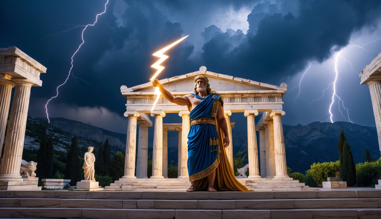 Seorang pria berwajah kuat berdiri di depan kuil kuno dengan latar pegunungan dan langit mendung, memegang petir bercahaya.