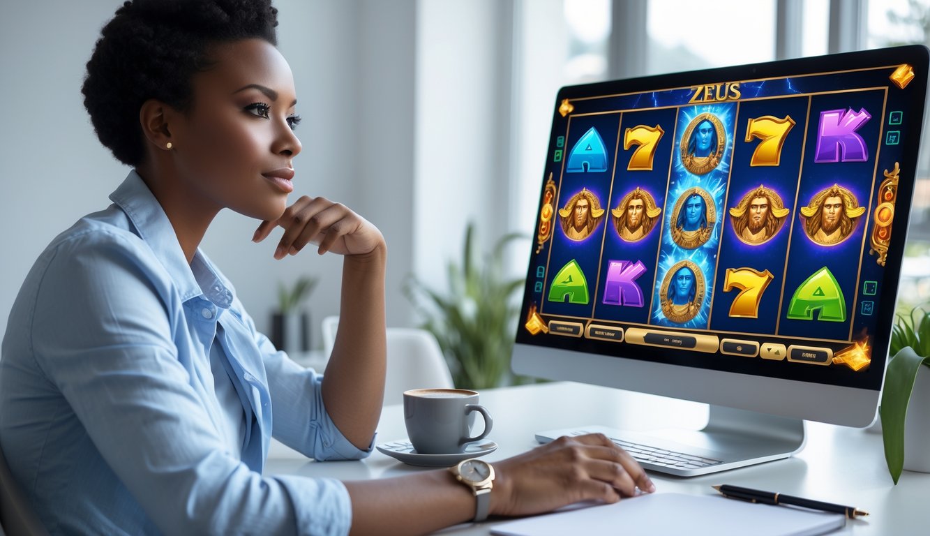 Seseorang duduk di meja dengan laptop yang menampilkan permainan slot bertema Zeus, terlihat fokus dan berpikir.