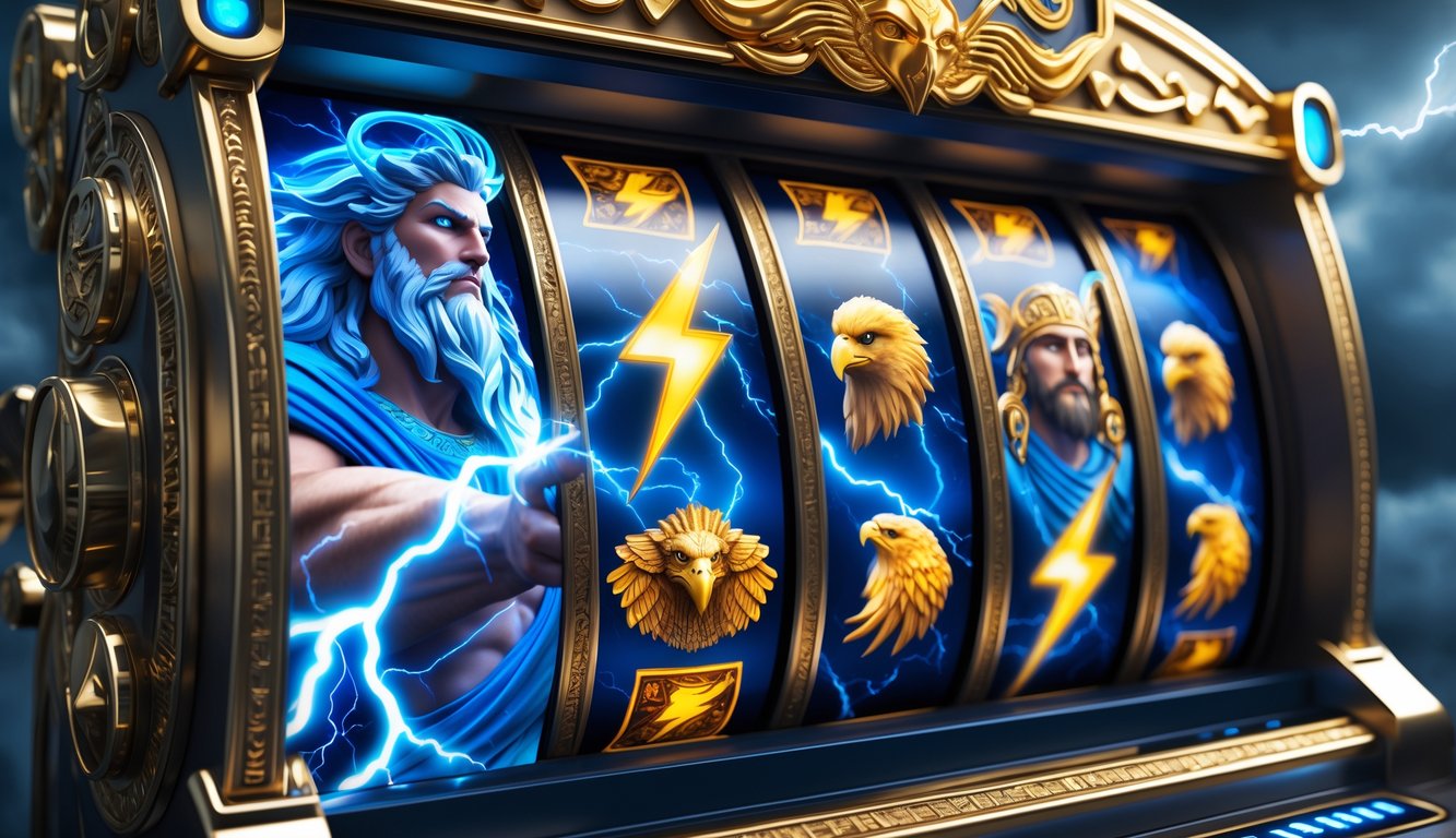 Mesin slot bertema Dewa Zeus dengan simbol petir dan ornamen emas di latar belakang biru dan abu-abu.