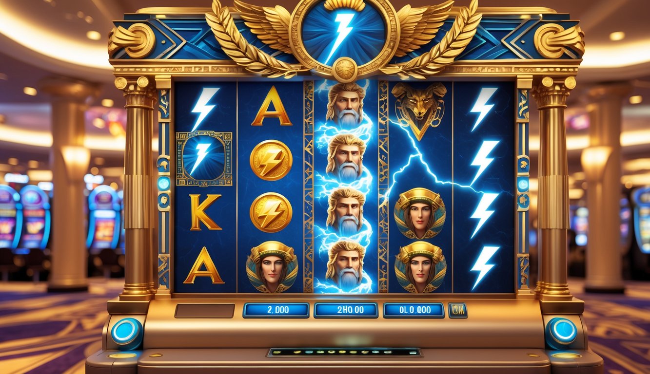 Mesin slot dengan tema Zeus, dewa petir Yunani, menampilkan simbol petir dan motif Yunani kuno di lantai kasino.