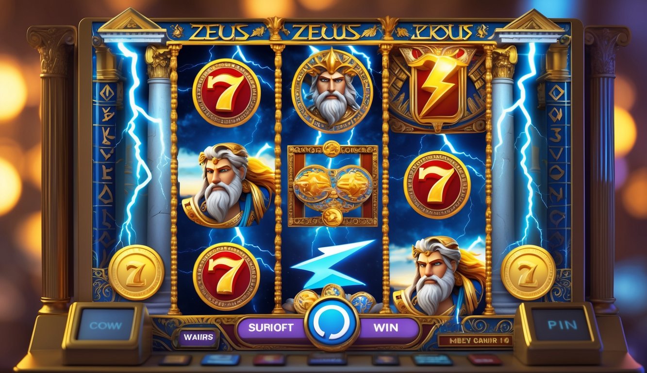 Mesin slot dengan tema dewa Zeus yang menampilkan petir dan simbol Yunani kuno.
