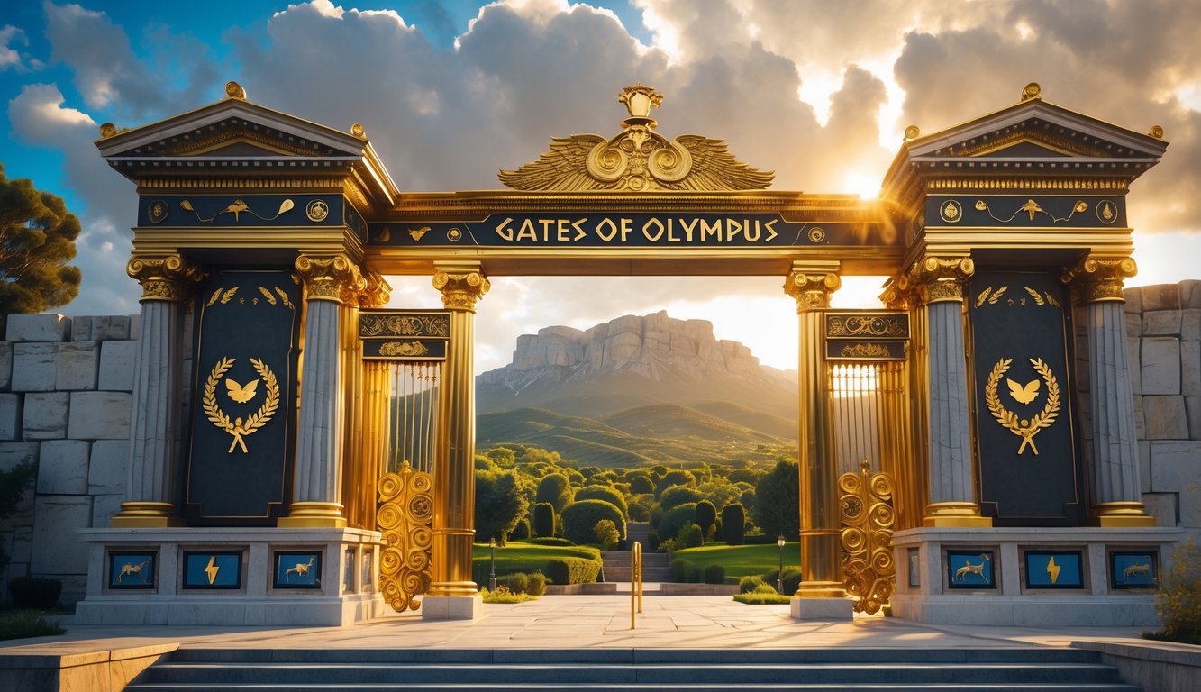 Gerbang besar bergaya Yunani kuno dengan latar belakang gunung dan langit cerah.