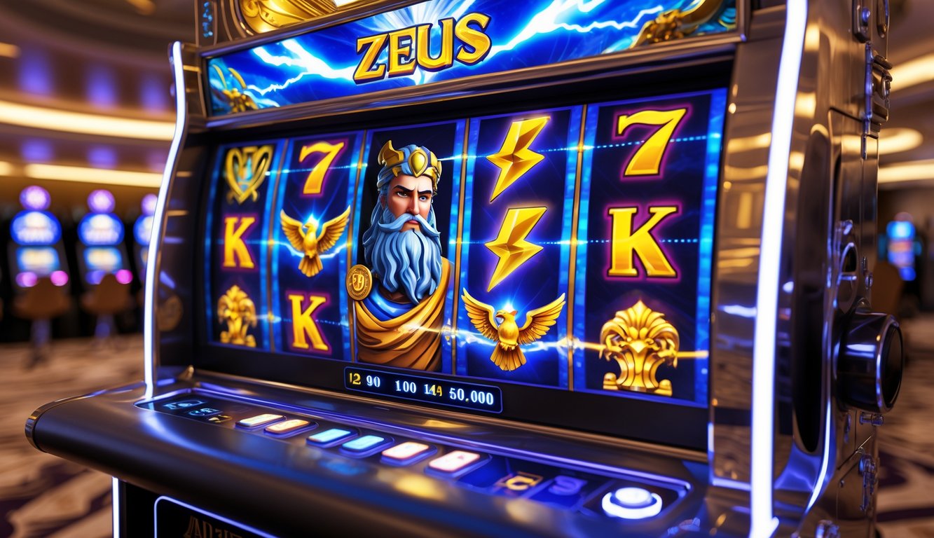 Mesin slot modern dengan tema dewa Zeus yang dikelilingi simbol petir dan elemen Yunani kuno di dalam kasino mewah.