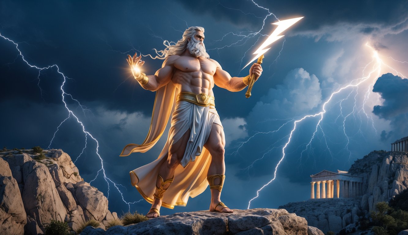 Seorang pria kuat dengan janggut putih berdiri di puncak gunung berbatu di bawah langit badai sambil memegang petir yang menyala.