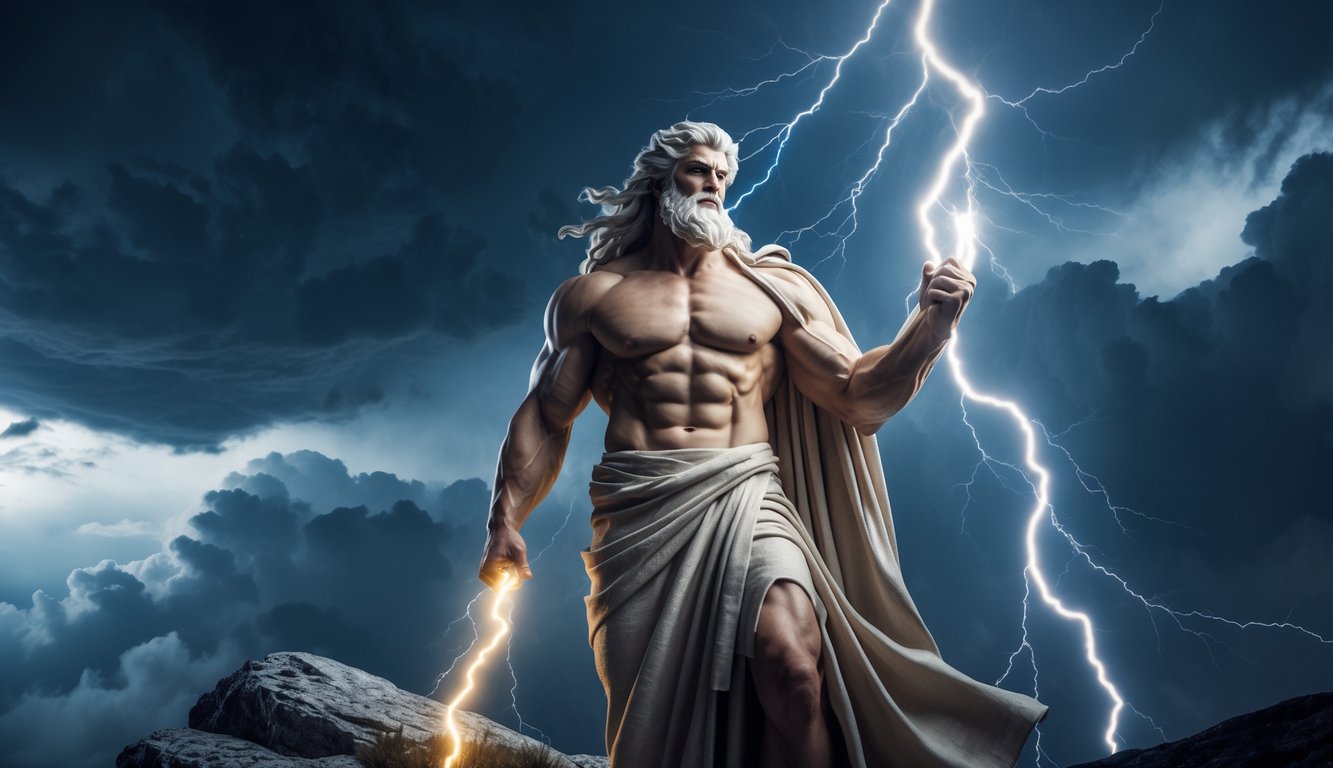 Seorang pria berotot dengan janggut dan rambut putih panjang memegang petir di tangan di atas gunung dengan langit mendung dan kilat di latar belakang.