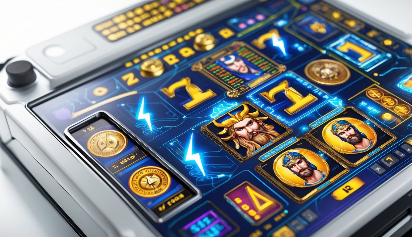 Diagram skema mesin slot bertema Zeus dengan simbol petir dan wajah dewa Yunani kuno.