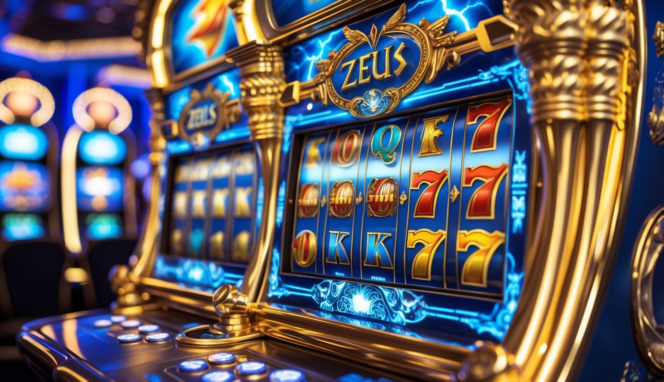 Mesin slot bertema Zeus dengan simbol kemenangan di layar dalam suasana kasino mewah.
