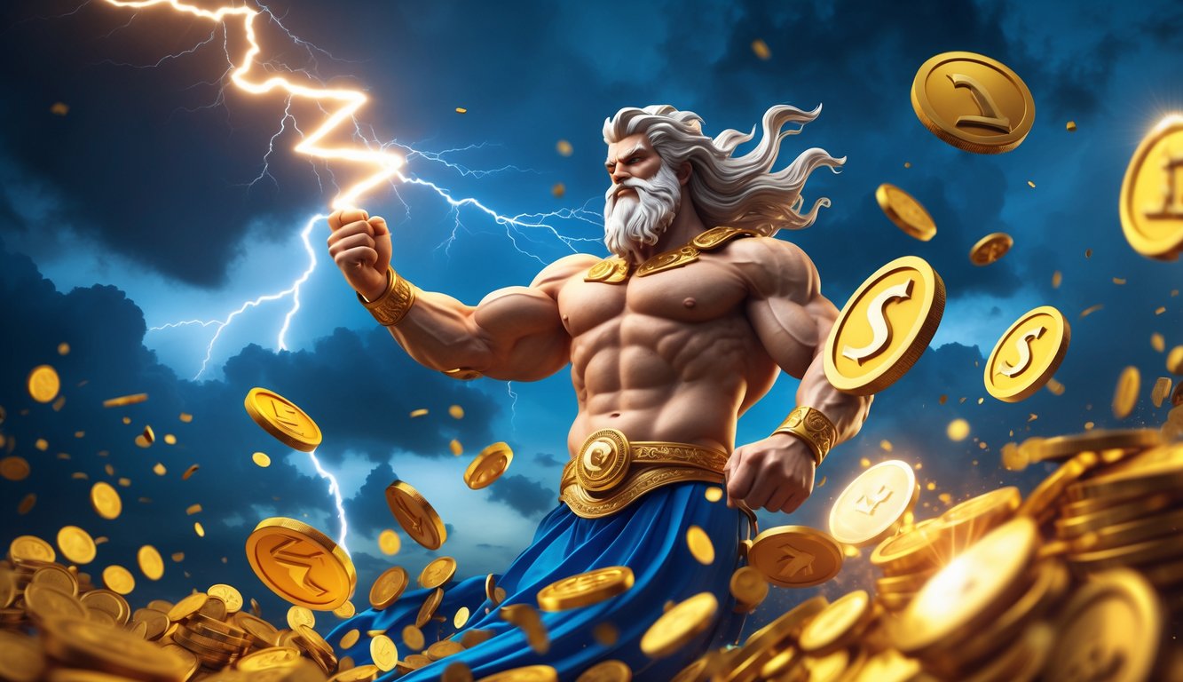 Sosok Zeus yang kuat memegang petir dengan koin emas berputar di sekitarnya di bawah langit badai.
