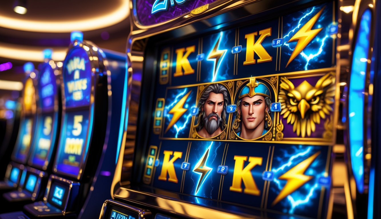 Mesin slot bertema Dewa Zeus dengan simbol petir dan motif Yunani kuno di kasino.