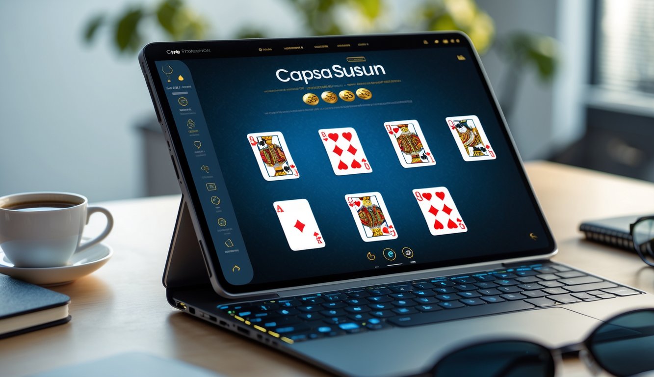 Seseorang sedang bermain Capsa Susun online di laptop di meja kerja yang rapi dengan latar belakang yang terang.