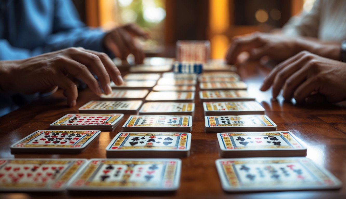 Orang-orang sedang bermain Capsa Susun dengan kartu yang tersusun rapi di atas meja kayu.