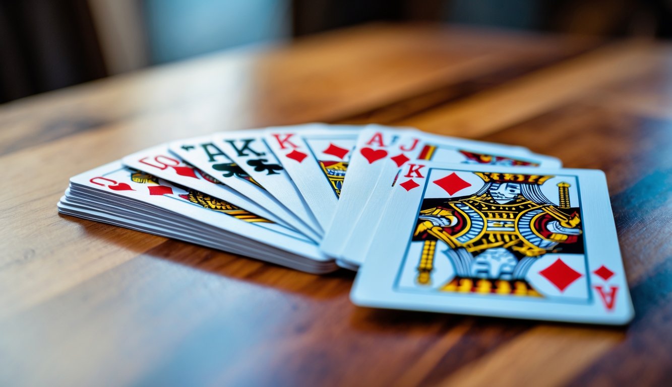 Tampilan dekat kombinasi kartu Capsa yang tersusun rapi di atas meja kayu.