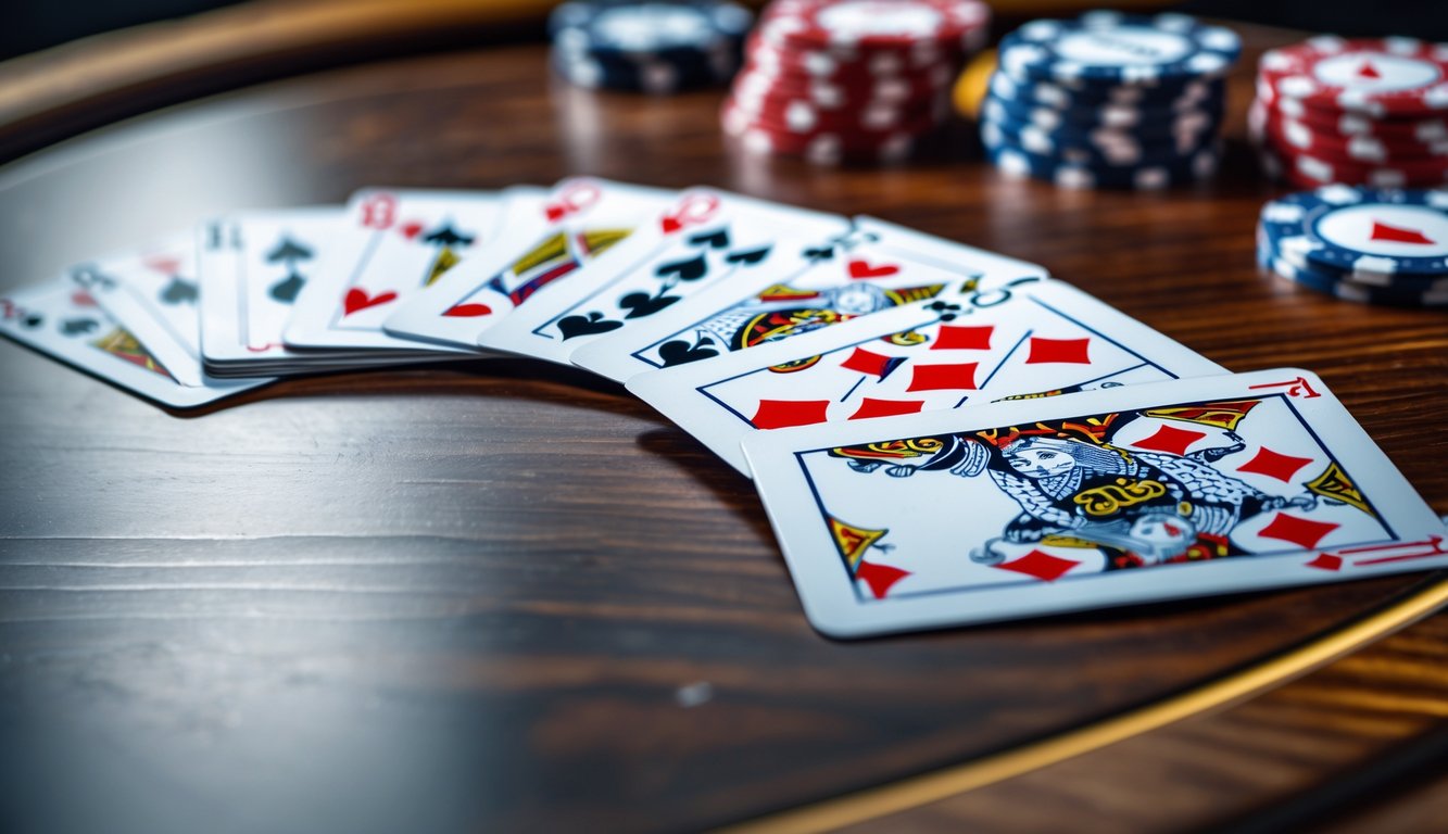 Susunan kartu terbaik yang tertata rapi di atas meja kayu dengan pencahayaan alami.