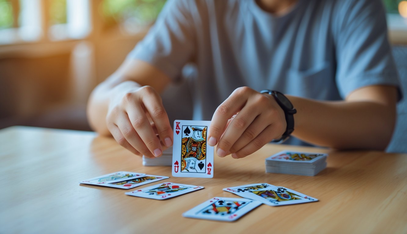 Seseorang sedang bermain Capsa Susun dengan kartu yang tersusun rapi di atas meja kayu.