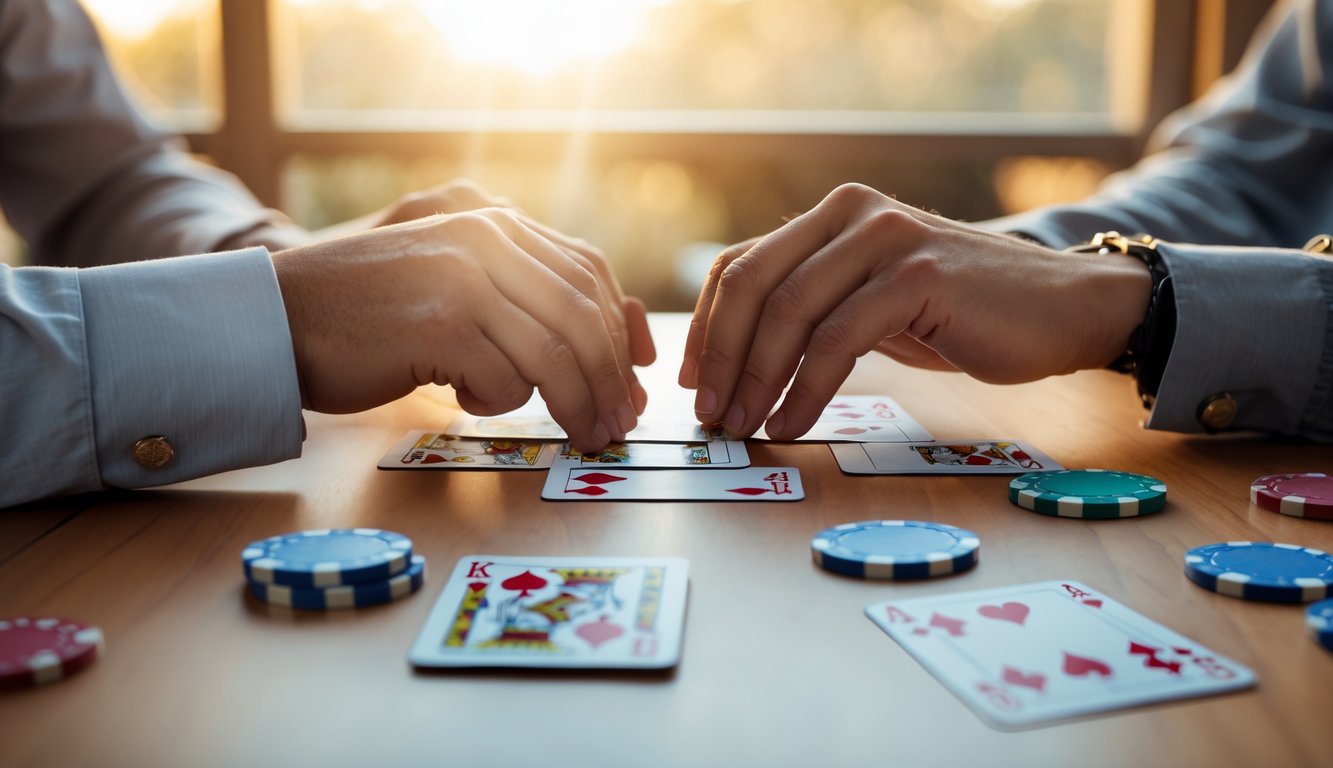 Tangan yang sedang mengatur kartu Capsa di atas meja kayu dengan tumpukan chip poker.