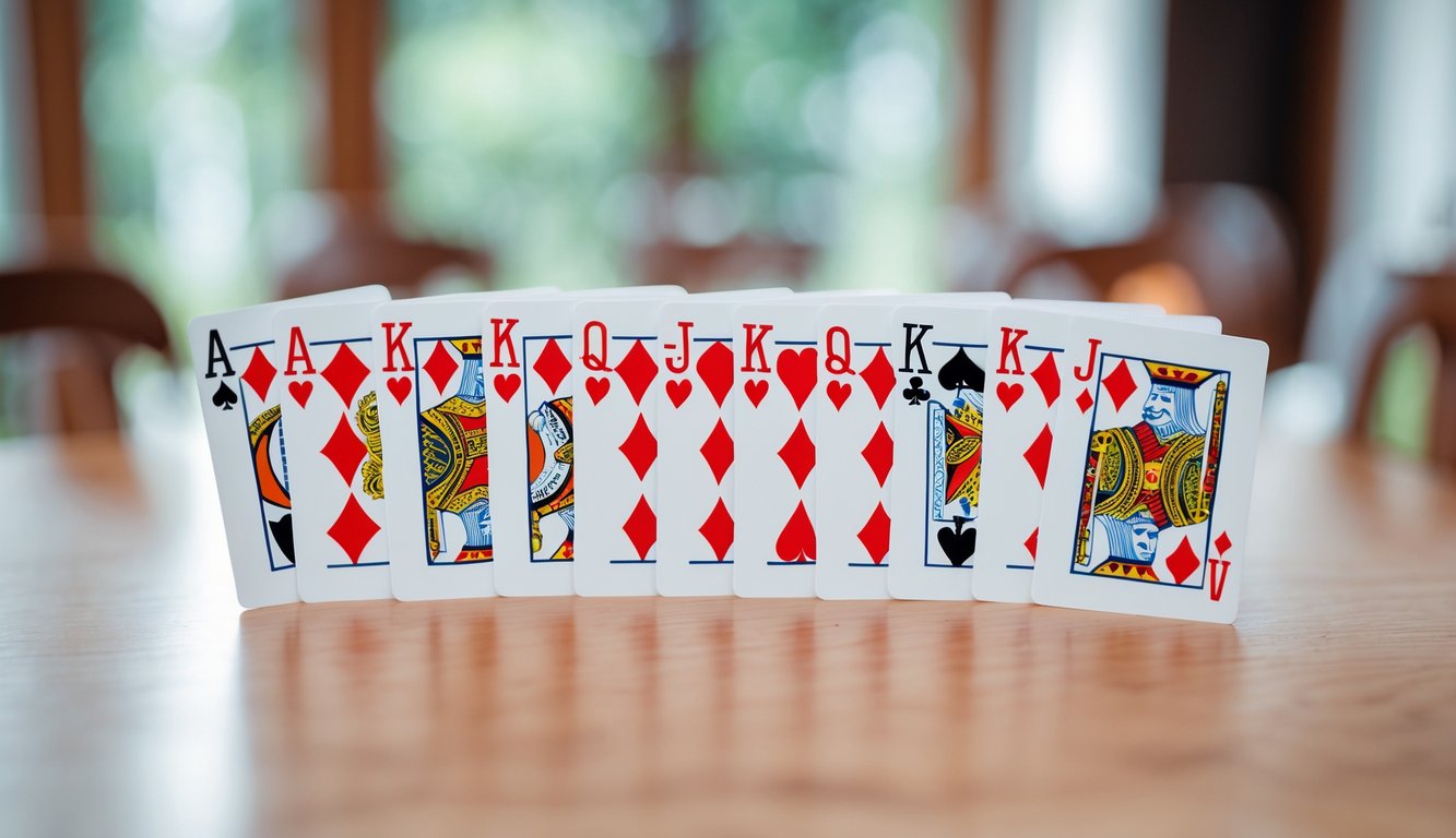 Deretan kartu remi yang tersusun rapi sesuai urutan nilai dari As hingga King di atas meja kayu.