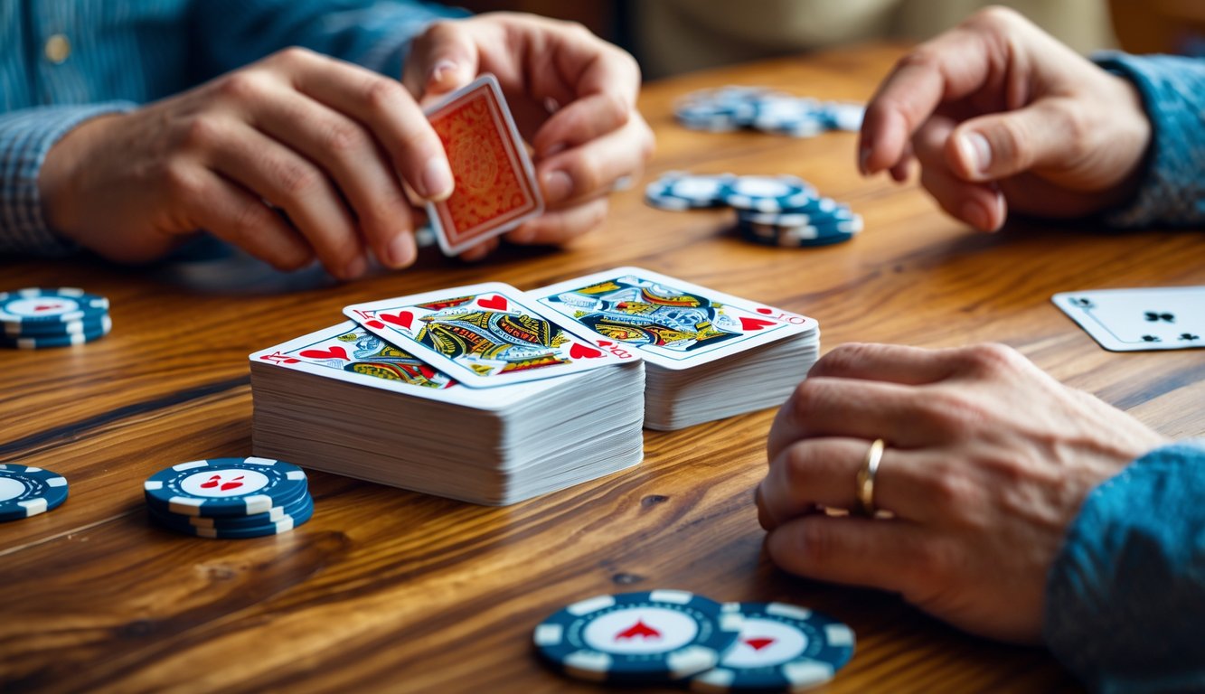 Meja kayu dengan kartu remi klasik dan chip poker yang tersebar, siap untuk permainan kartu.