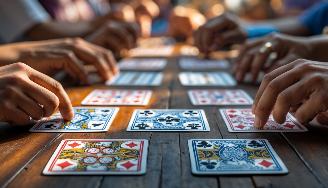 Tangan orang yang sedang menyusun kartu Capsa Susun di atas meja kayu dengan tiga baris kartu yang rapi.