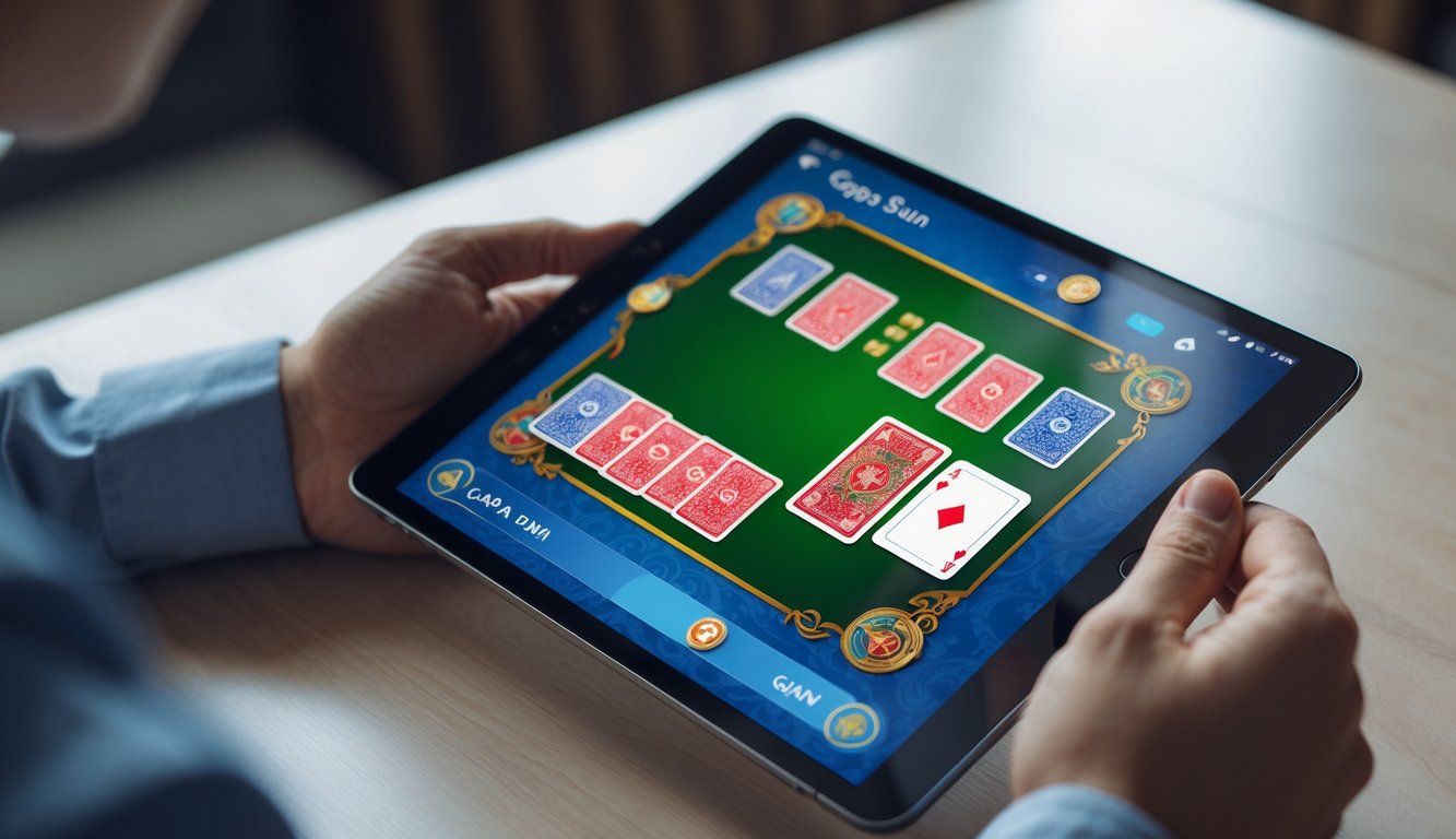 Seseorang memegang tablet yang menampilkan permainan Capsa Susun di layar Android pada meja kayu.