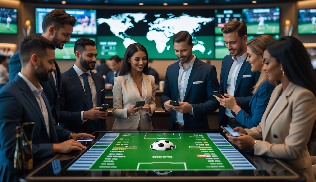 Orang-orang sedang bertaruh pada pertandingan sepak bola menggunakan perangkat digital di sebuah ruang modern dan mewah.