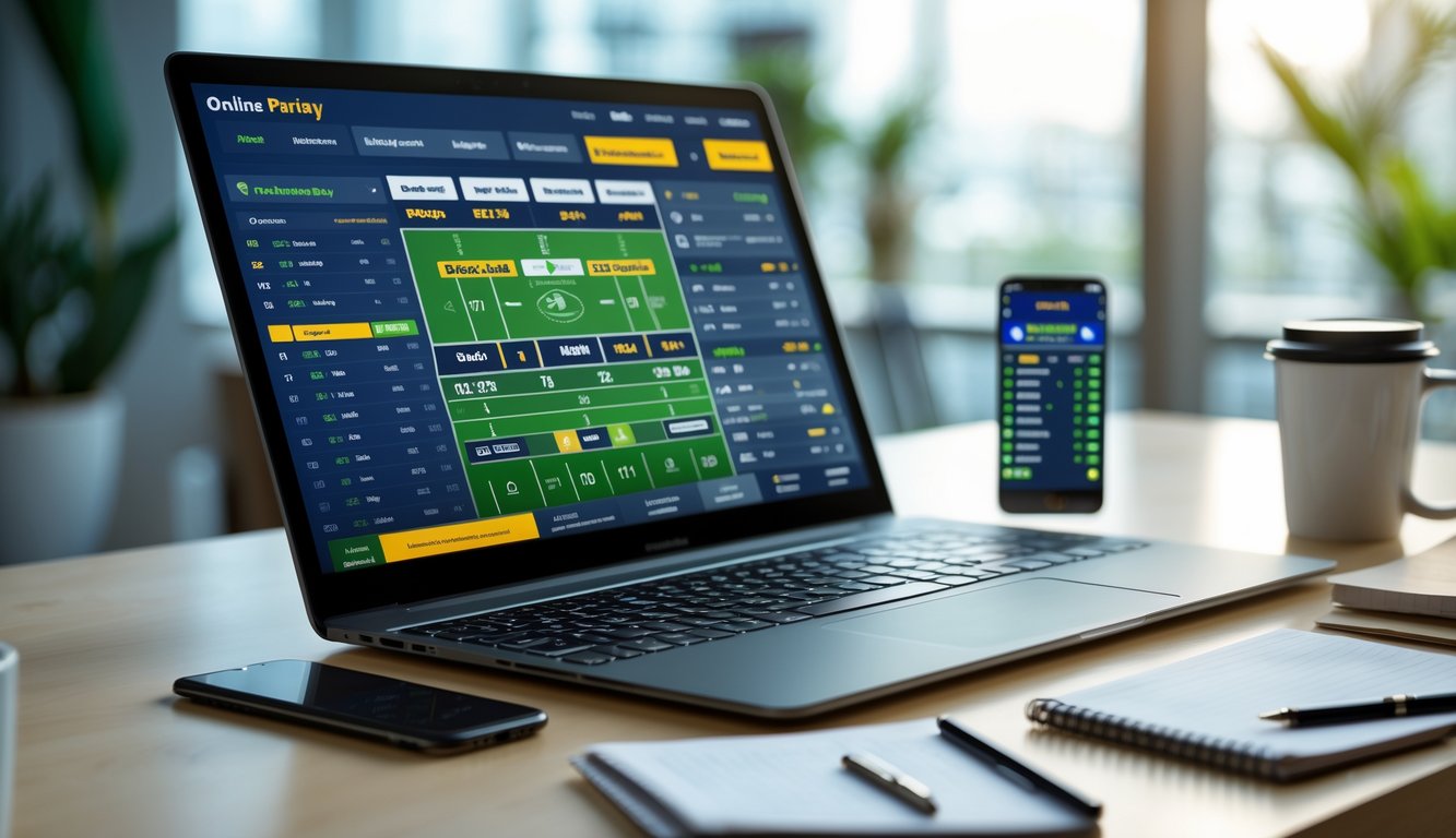 Seorang pengguna duduk di depan laptop dengan layar menampilkan opsi taruhan olahraga, dikelilingi oleh smartphone, cangkir kopi, dan buku catatan di meja kerja.