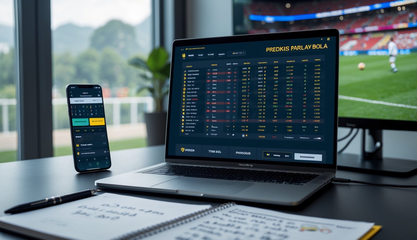 Seorang pria duduk di meja kerja dengan laptop menampilkan statistik pertandingan sepak bola dan aplikasi taruhan, di latar belakang televisi menayangkan pertandingan sepak bola langsung.
