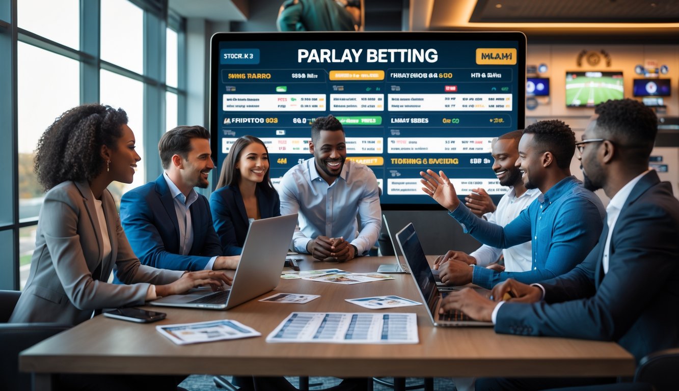 Sekelompok orang sedang berdiskusi dan melihat layar sentuh digital yang menampilkan berbagai acara olahraga dan peluang taruhan dalam ruangan modern.