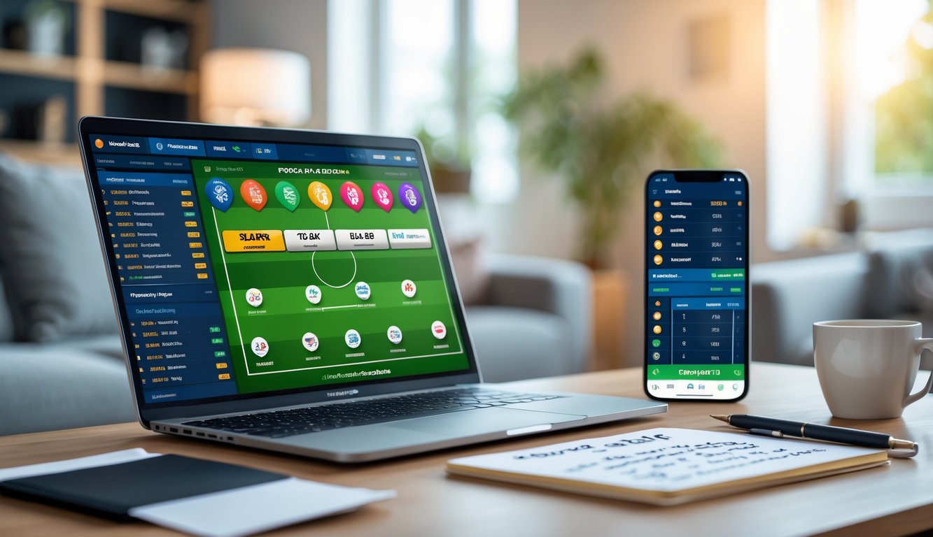 Meja kerja dengan laptop dan ponsel yang menampilkan jadwal pertandingan sepak bola dan aplikasi taruhan, dengan secangkir kopi dan catatan di sampingnya.