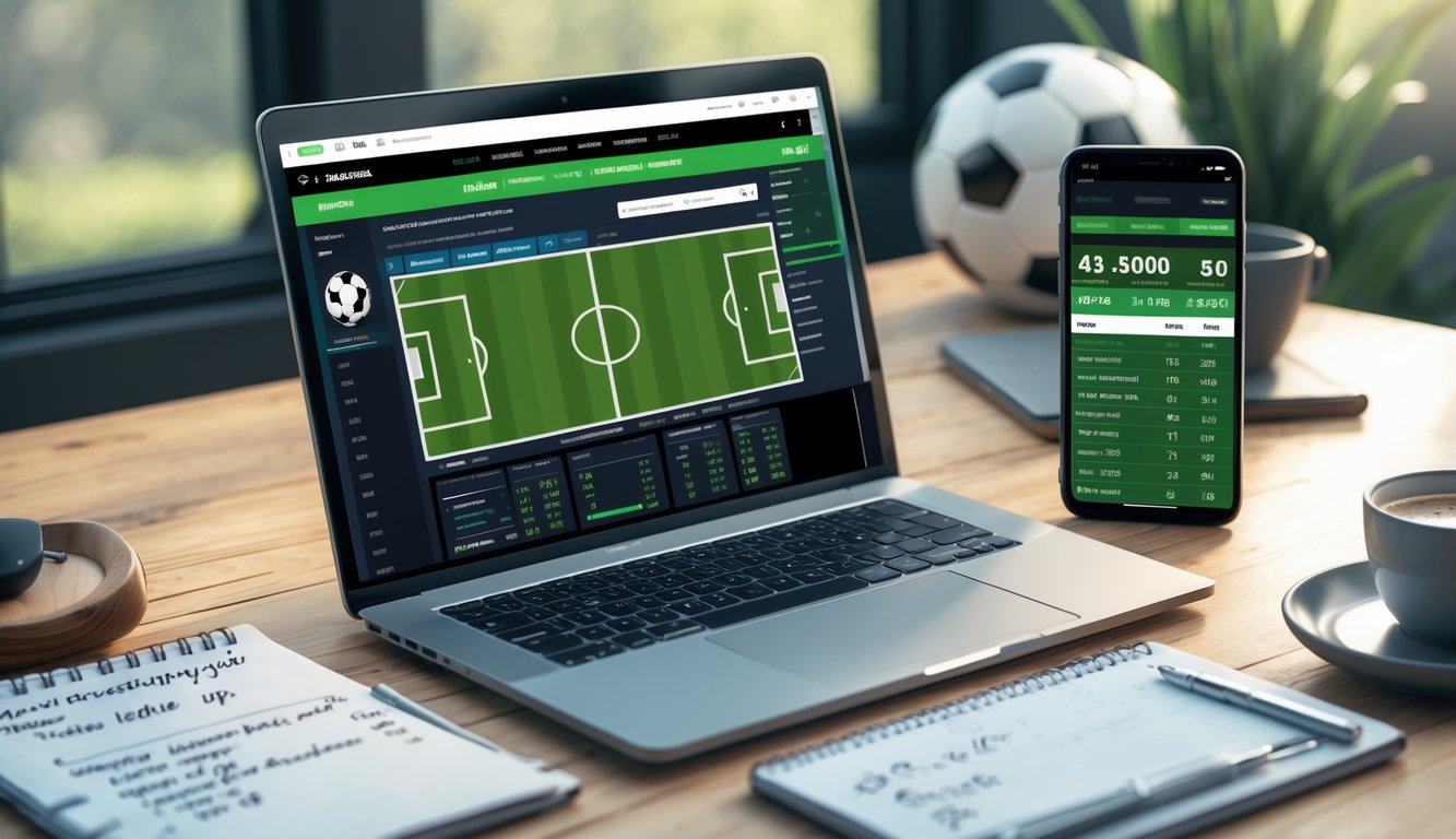 Meja kerja dengan laptop, ponsel, bola sepak, dan catatan yang menunjukkan persiapan untuk taruhan sepak bola.