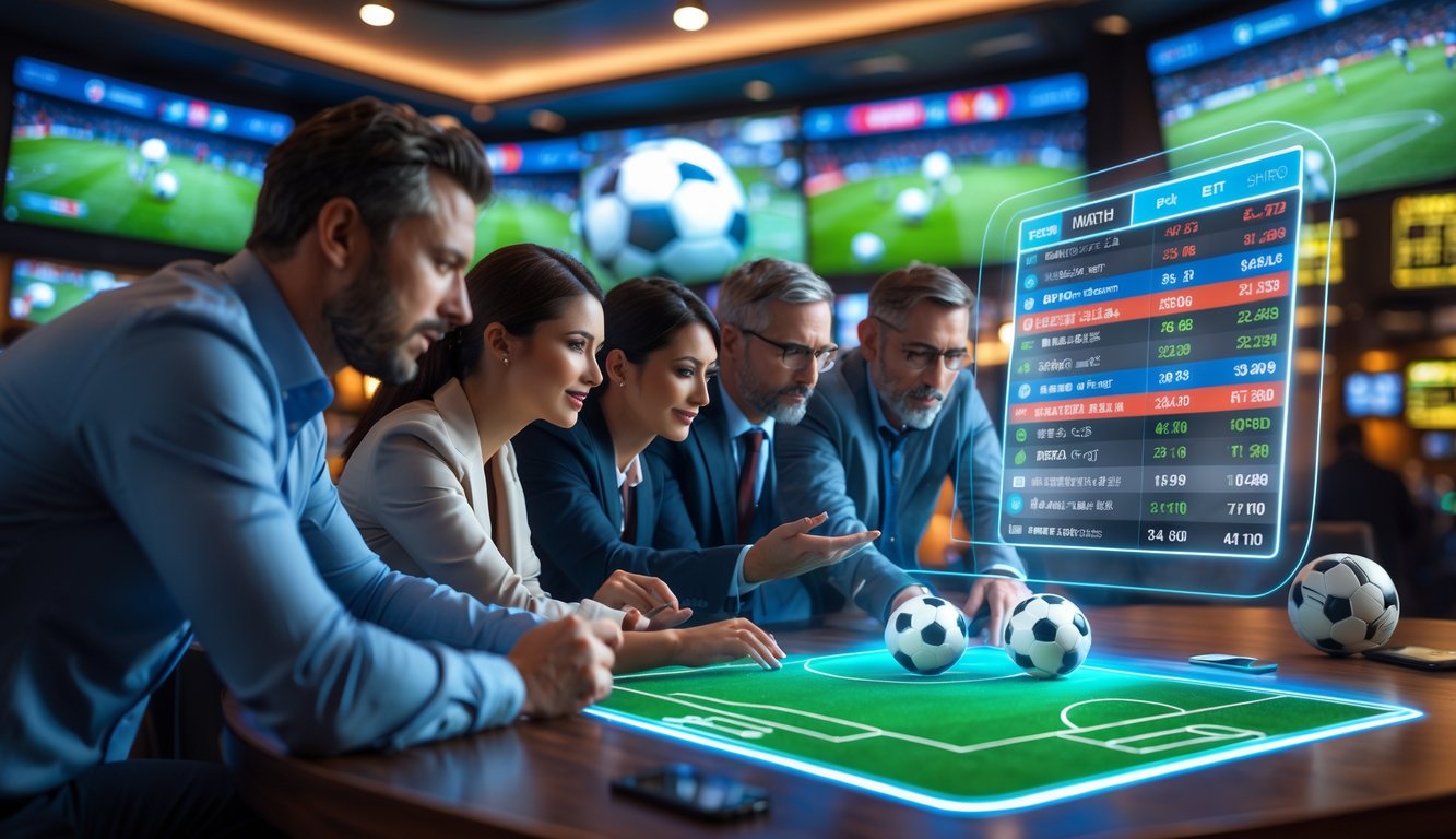 Orang-orang sedang menggunakan layar digital untuk memasang taruhan bola parlay dengan latar belakang suasana bar olahraga dan pertandingan sepak bola yang sedang berlangsung.