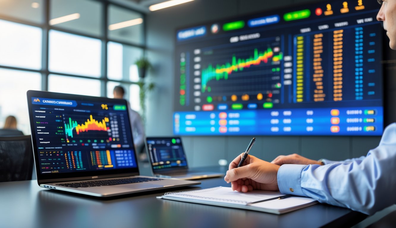 Orang sedang menganalisis data taruhan olahraga di meja kerja dengan perangkat digital dan layar besar menampilkan pertandingan olahraga secara langsung.