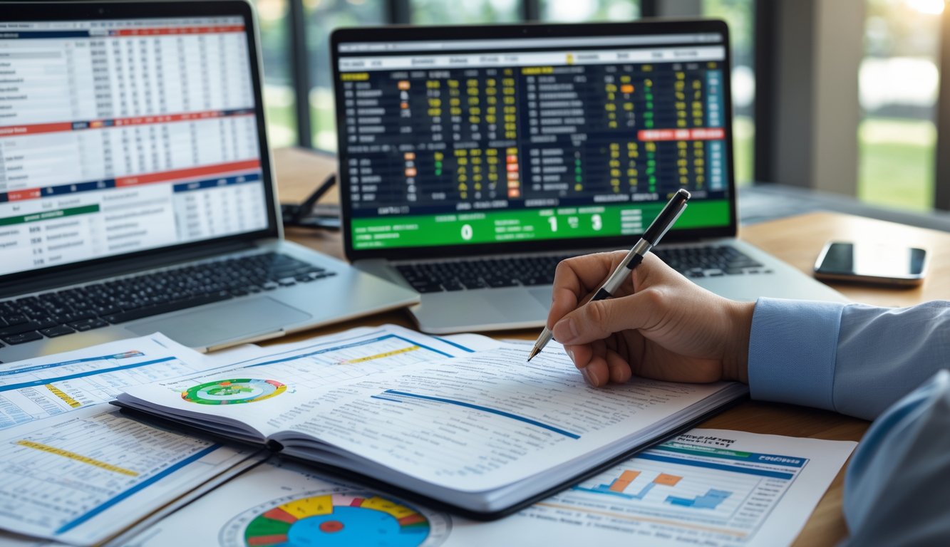 Seseorang sedang menganalisis data taruhan sepak bola dengan laptop, catatan, dan grafik di meja kerja.