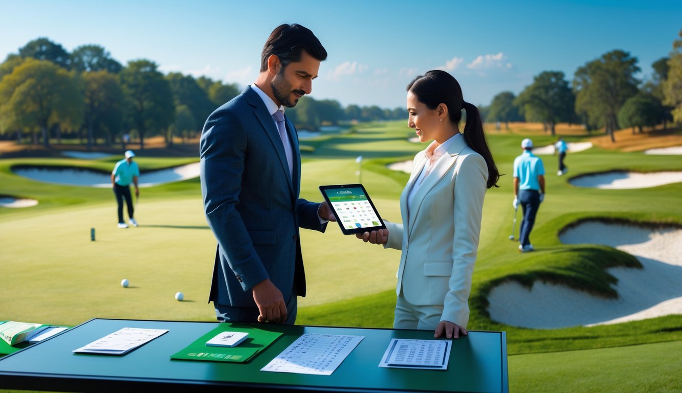 Dua orang berdiri di lapangan golf, melihat tablet yang menampilkan informasi taruhan golf dengan latar belakang pemain golf yang sedang bermain.