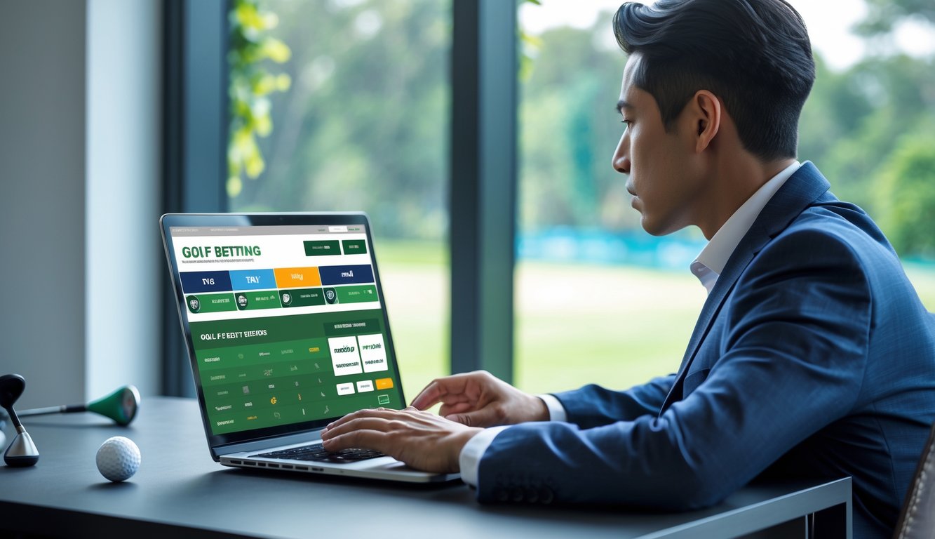 Seseorang duduk di depan laptop sedang memasang taruhan golf secara online dengan perlengkapan golf di sekitar.