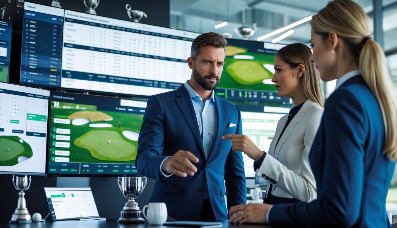 Dua orang profesional di kantor modern sedang melihat layar digital dengan data taruhan golf.