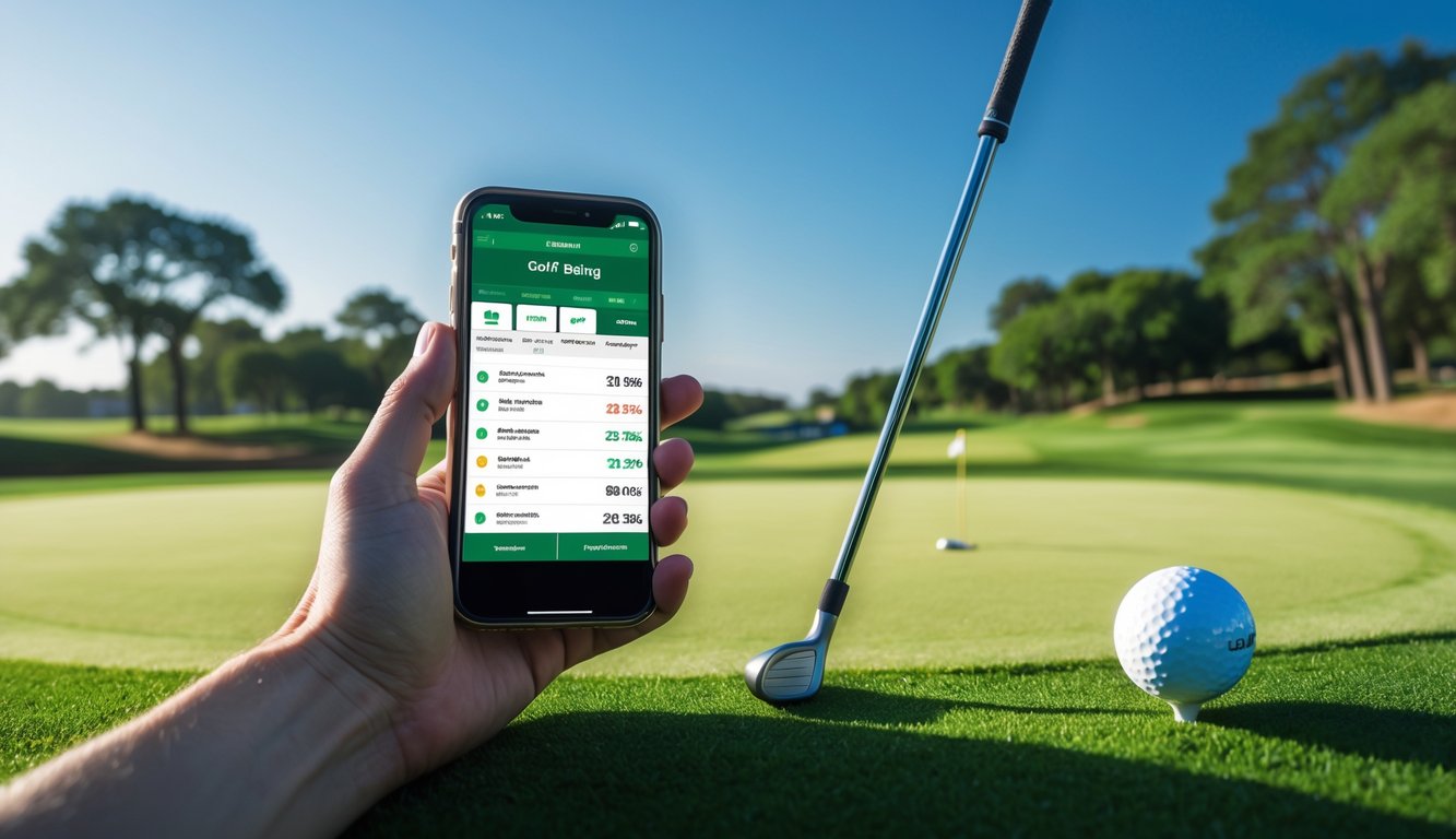 Seseorang memegang ponsel dengan tampilan aplikasi taruhan golf di lapangan golf yang hijau dan cerah.