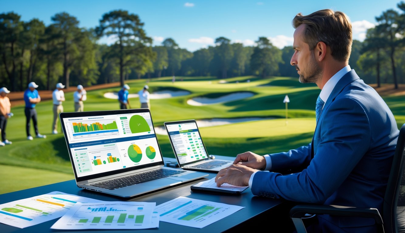 Seorang analis olahraga duduk di meja dekat lapangan golf, memeriksa data dan statistik dengan pemain golf yang sedang bermain di latar belakang.