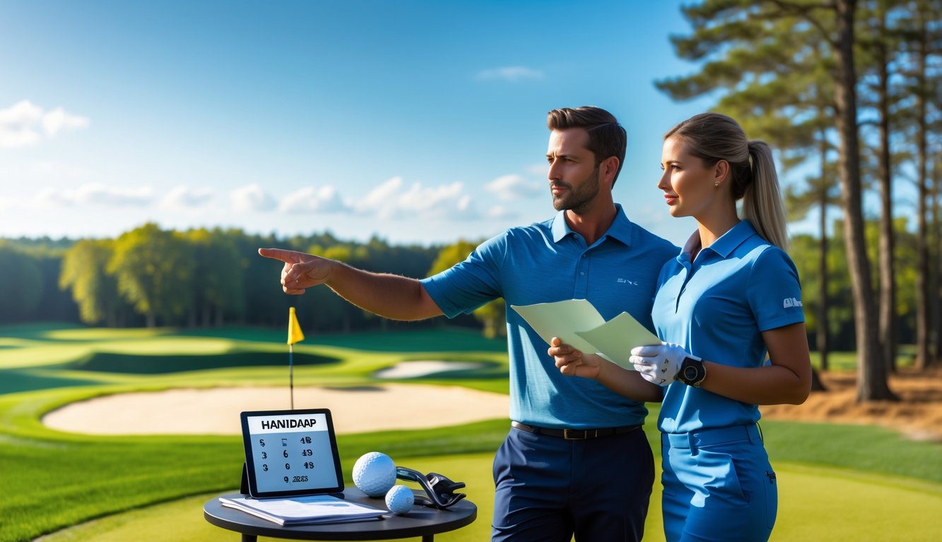 Dua orang berdiri di lapangan golf hijau sambil berdiskusi dengan kartu skor dan peralatan golf di dekat mereka.