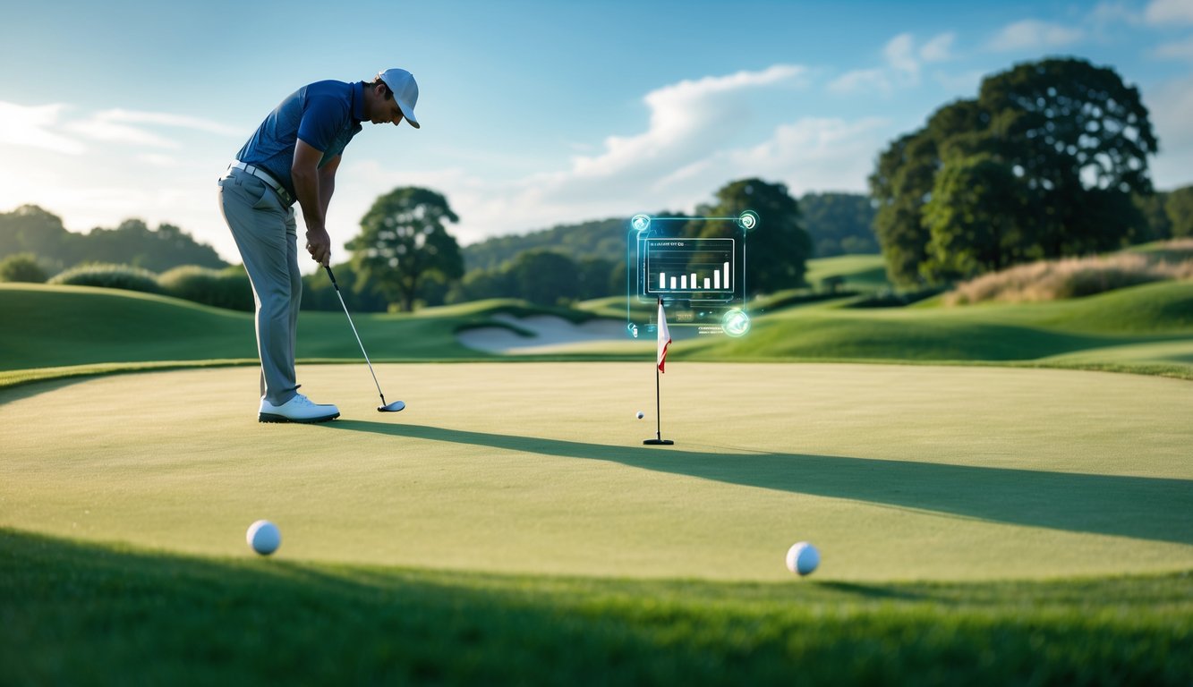 Seorang pemain golf sedang bersiap melakukan pukulan di lapangan golf yang hijau dengan langit cerah dan pemandangan alam di latar belakang.